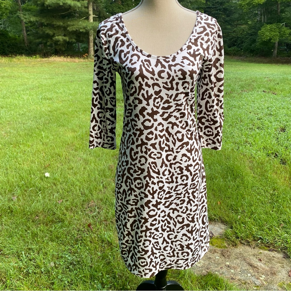 PERSIFOR DRESS WHITE BROWN SCOOP NECK 3/4 SLEEVE SLIP ON STYLE STRETCH SIZE M